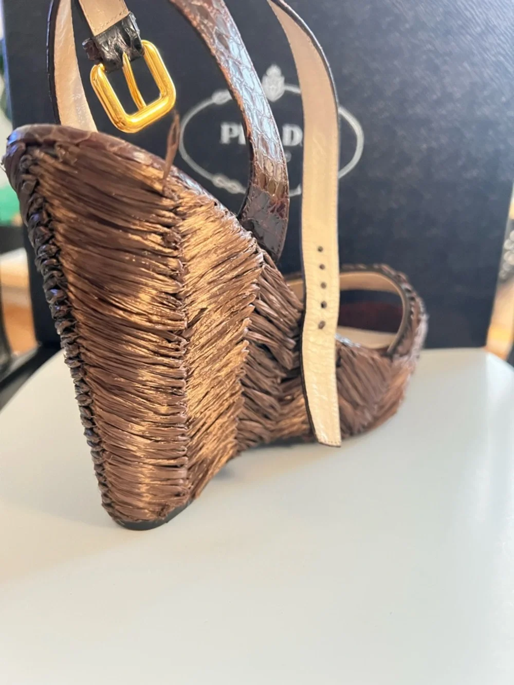 Prada Brown Woven Raffia and Leather Platform Wedge Sandals - Picture 3 of 6